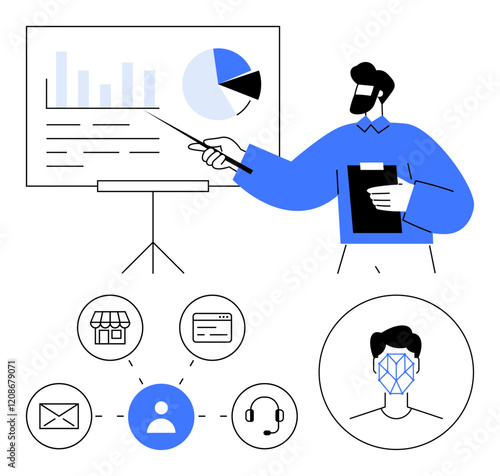 Man presenting analytics on whiteboard with charts, clipboard in hand. Icons represent audience data, email, store, web, headset, and facial ID. Ideal for marketing analytics CRM data analysis