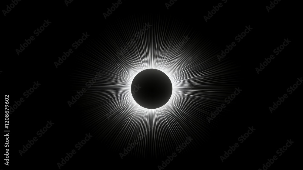 Obraz premium Abstract monochrome artwork featuring a dark circle surrounded by radiating lines, creating a celestial effect.