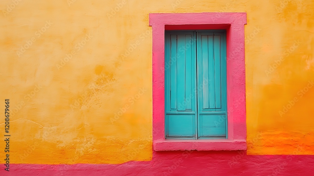Fototapeta premium Colorful Window on Vibrant Textured Wall with Pink Trim and Turquoise Shutters