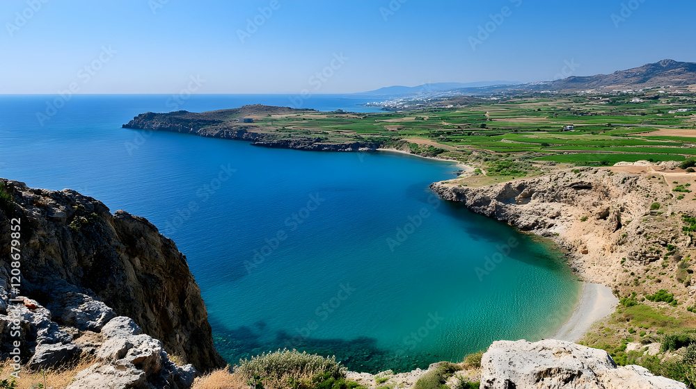 Obraz premium Aegean Sea coastal cove, tranquil beach, farmland background, idyllic summer landscape; travel brochure