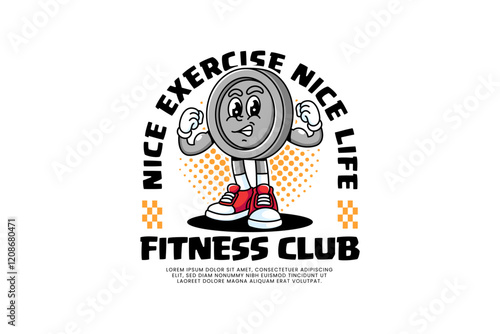 power bar fitness gym retro cartoon character mascot illustration with standing pose and showing both arm muscles for fitness gym bodybuilding sport club mascots and merchandise
