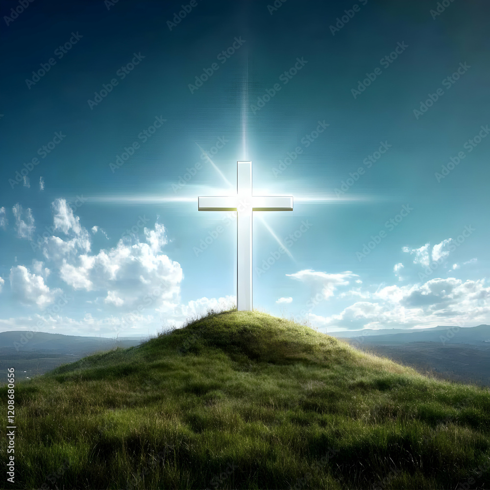 Glowing Cross Stands on a Grassy Hilltop under a Blue Sky with Clouds. Glowing Cross Stands on a Grassy Hilltop under a Blue Sky with Clouds.