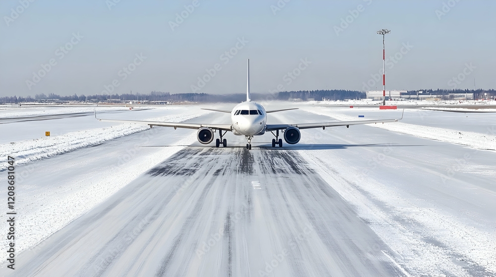 Airplane taxiing on snowy runway, winter airport background; travel, transportation Airplane taxiing on snowy runway, winter airport background; travel, transportation