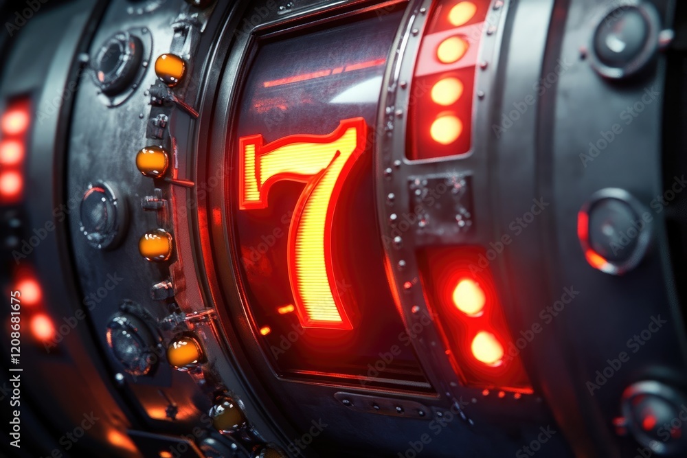 Obraz premium Close-up of a casino slot machine with lucky 7s