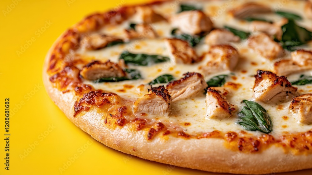 Creamy white sauce Alfredo pizza topped with grilled chicken and spinach on a bright yellow background Creamy white sauce Alfredo pizza topped with grilled chicken and spinach on a bright yellow background