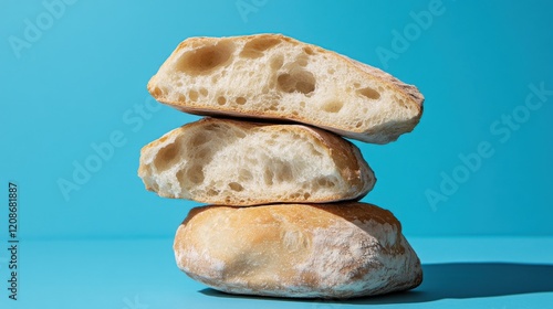 Rustic ciabatta bread stacked on a vibrant blue surface highlighting its crusty texture and airy interior at a local bakery photo