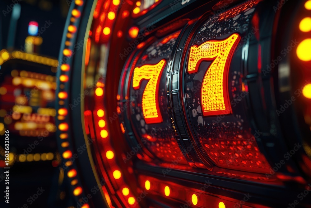 Close-up of a casino slot machine with lucky 7s