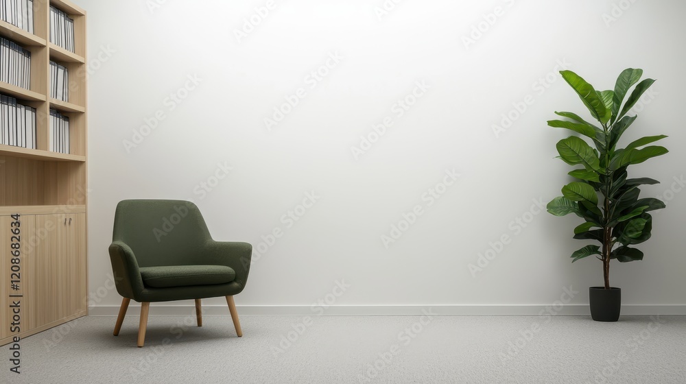Minimalist Interior Design Featuring Green Chair, Bookshelf, and Decorative Plant in Modern Room for Contemporary Living Spaces Minimalist Interior Design Featuring Green Chair, Bookshelf, and Decorative Plant in Modern Room for Contemporary Living Spaces