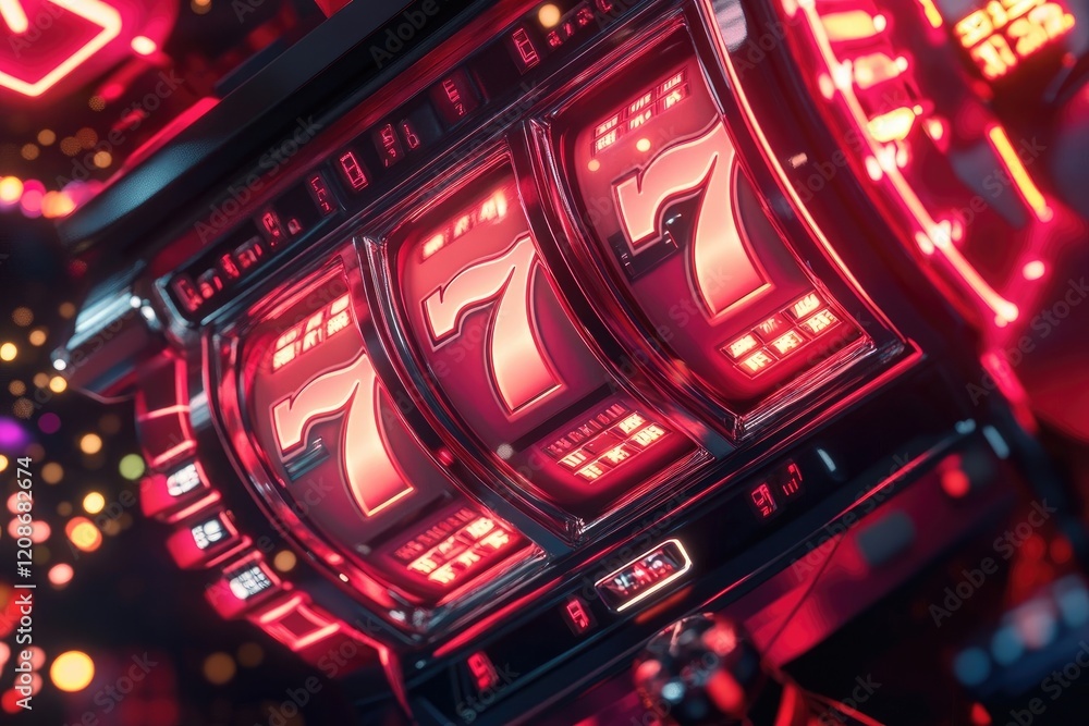 Obraz premium Close-up of a casino slot machine with lucky 7s