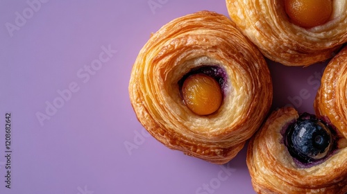 Wallpaper Mural Flaky pastries filled with fresh fruit on a vibrant purple background showcase a delightful dessert experience ideal for any occasion Torontodigital.ca