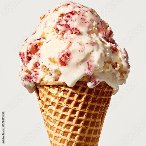 Delicious strawberry ice cream scoop on a waffle cone against a clean white background