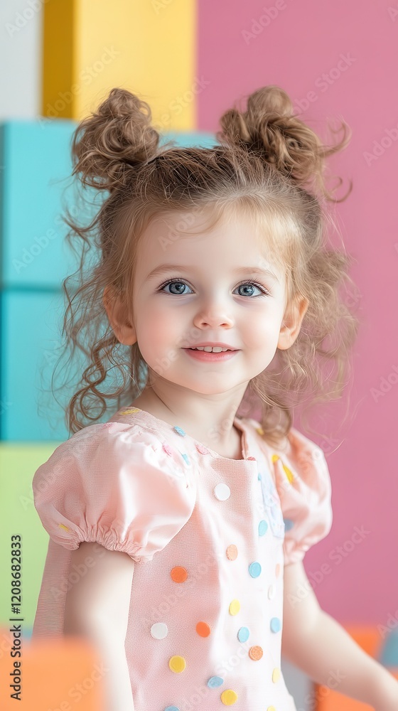 A toddler with curly hair and a pink dress stands in front of colorful blocks and background A toddler with curly hair and a pink dress stands in front of colorful blocks and background