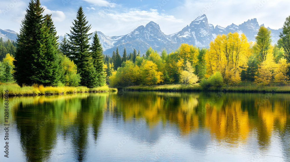 Autumnal mountain lake reflection; scenic fall foliage, tranquil waters mirroring majestic peaks. Perfect for travel brochures Autumnal mountain lake reflection; scenic fall foliage, tranquil waters mirroring majestic peaks. Perfect for travel brochures