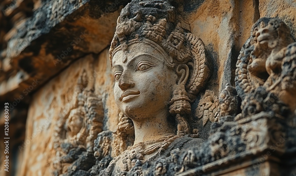 Ancient stone carving, weathered goddess face. Ancient stone carving, weathered goddess face.