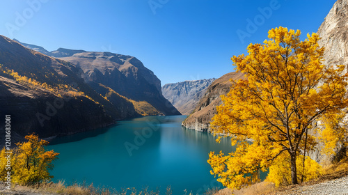 Autumnal mountain lake panorama; golden tree, tranquil waters, scenic valley; perfect for travel brochures photo