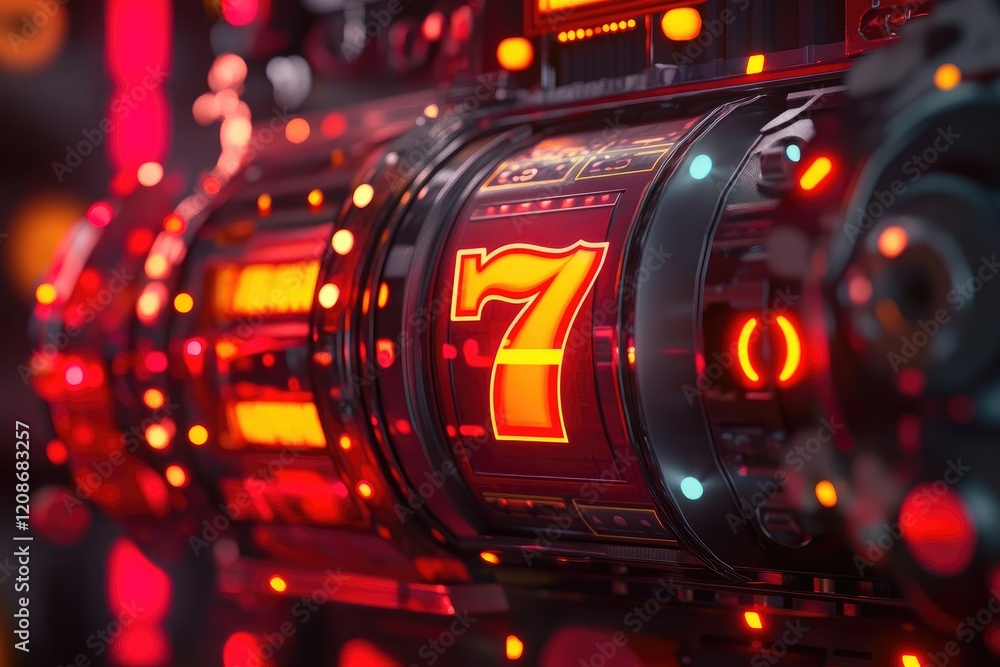 Obraz premium Close-up of a casino slot machine with lucky 7s