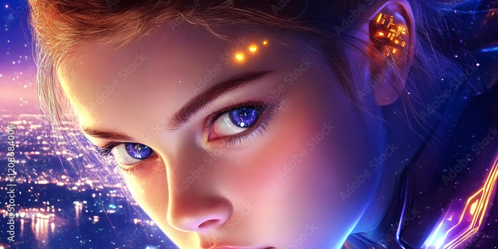 Futuristic Girl Gazes at City Lights with Cybernetic Implants Futuristic Girl Gazes at City Lights with Cybernetic Implants