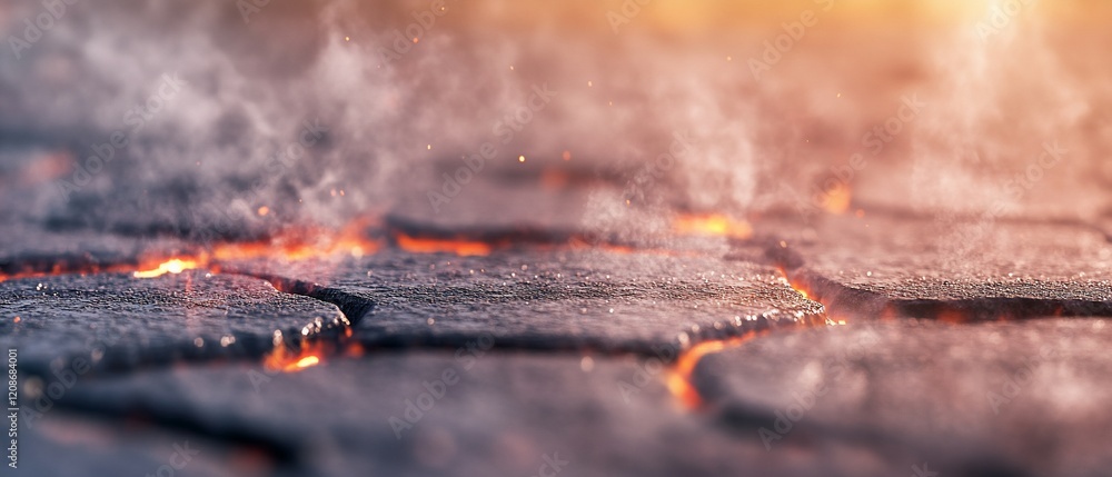 Naklejka premium Burning cobblestone path, smoke, sunset. Website background.