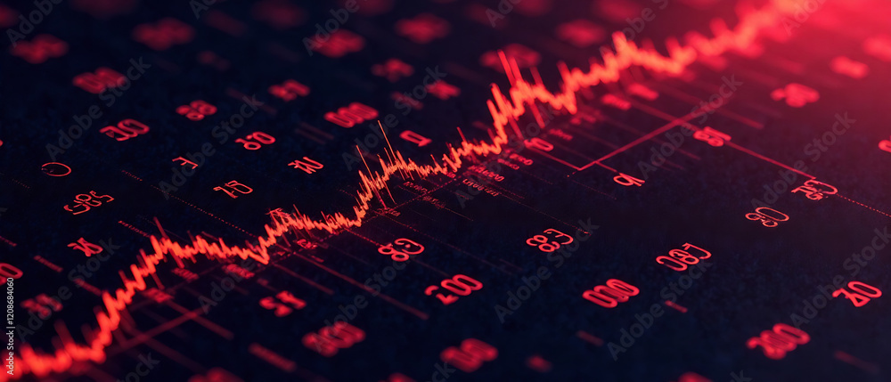 Abstract financial data visualization with red lines and a grid overlay, showcasing depth, a dramatic mood, and a vibrant lighting and atmospheric effect. Style should be professional and high qualit Abstract financial data visualization with red lines and a grid overlay, showcasing depth, a dramatic mood, and a vibrant lighting and atmospheric effect. Style should be professional and high qualit