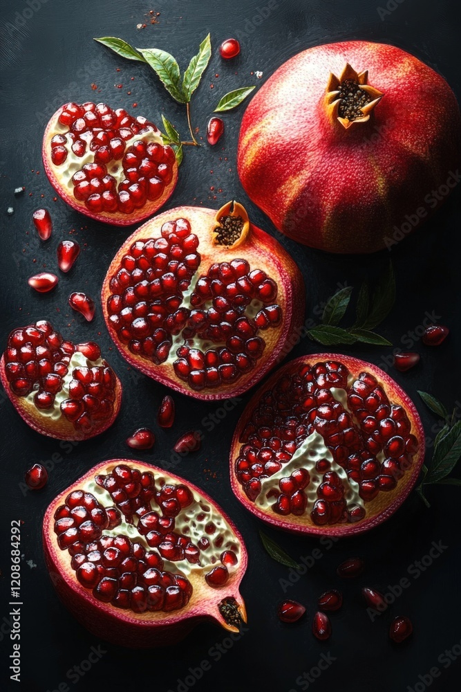 Juicy pomegranate halves, seeds, and whole fruit. Juicy pomegranate halves, seeds, and whole fruit.