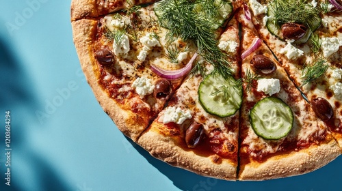 Crispy pizza featuring feta cheese, fresh cucumbers, red onions, and olives on a vibrant blue background