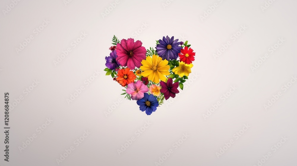 Vibrant Floral Heart Arrangement on Soft Background, Celebrating Love and Nature with Bright Colors and Varied Flower Types for Creative Projects and Designs Vibrant Floral Heart Arrangement on Soft Background, Celebrating Love and Nature with Bright Colors and Varied Flower Types for Creative Projects and Designs