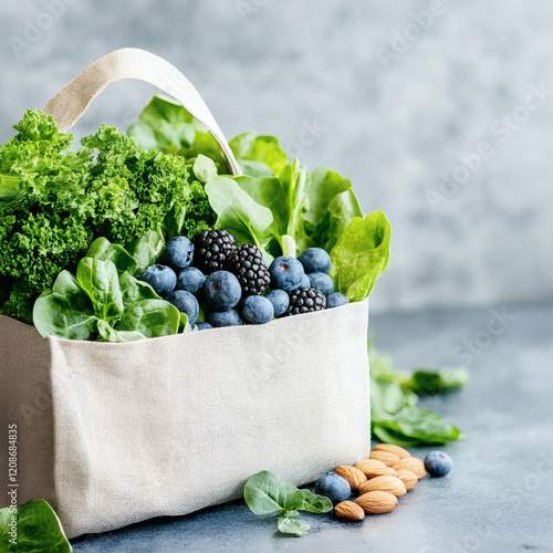 Diverse wellness dinning. longevity and planted-based food. Healthy meal concept. Plant-based grocery haul in a reusable bag