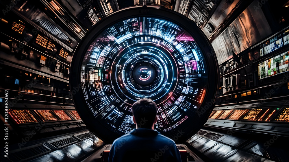 Obraz premium Person Observes Complex Circular Display with Data Streams in Futuristic Control Room