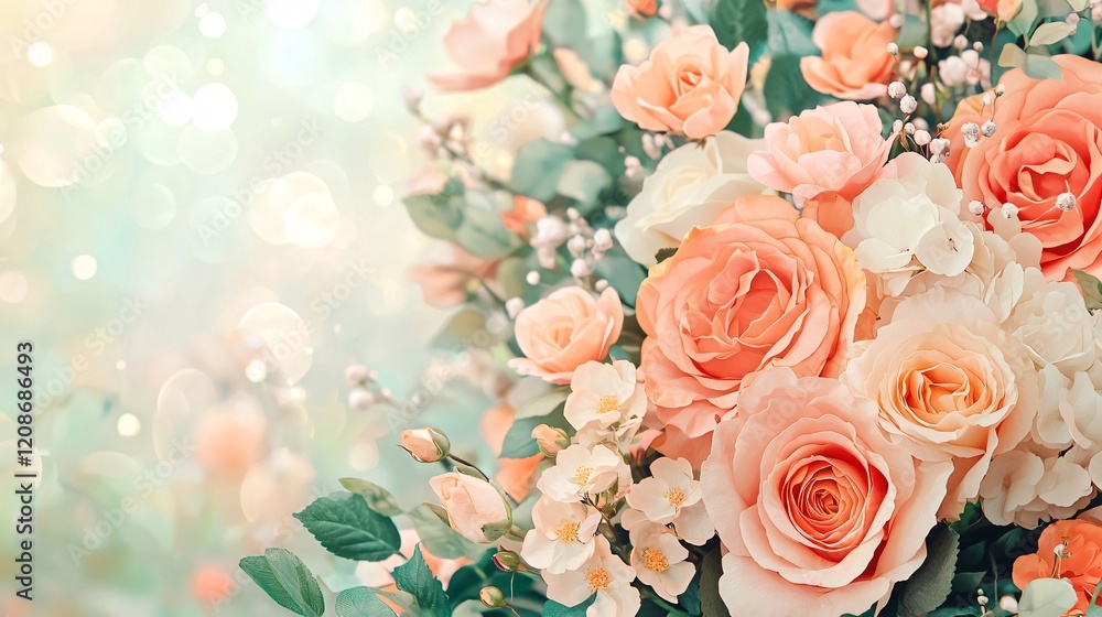 Peach roses and white blossoms floral arrangement with bokeh lights on a soft background Peach roses and white blossoms floral arrangement with bokeh lights on a soft background