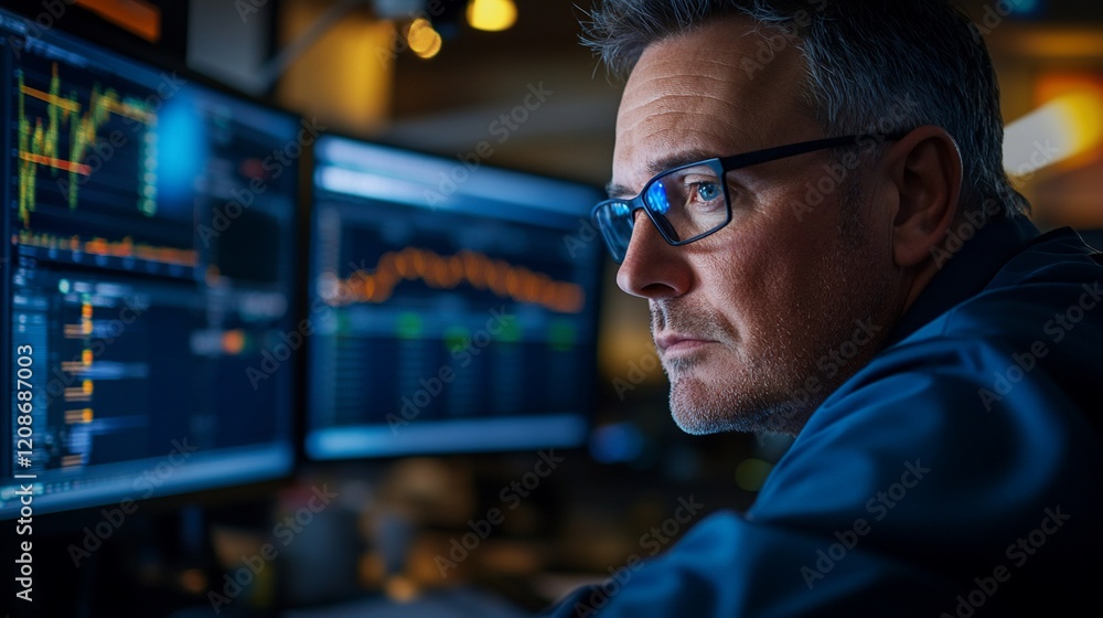 Focused trader analyzes market data at night Focused trader analyzes market data at night