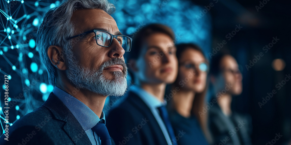 Obraz premium Innovative leadership panel discussion corporate office professional event high-tech environment close-up view future trends in management
