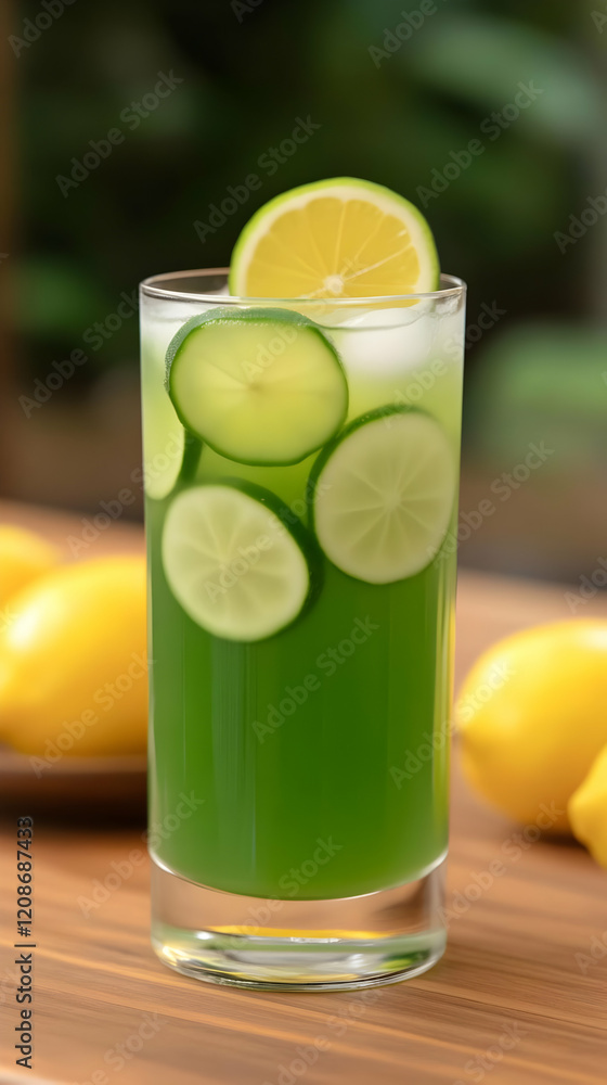 Refreshing Green Juice with Cucumber and Lemon Slices in a Glass on a Wooden Table Refreshing Green Juice with Cucumber and Lemon Slices in a Glass on a Wooden Table