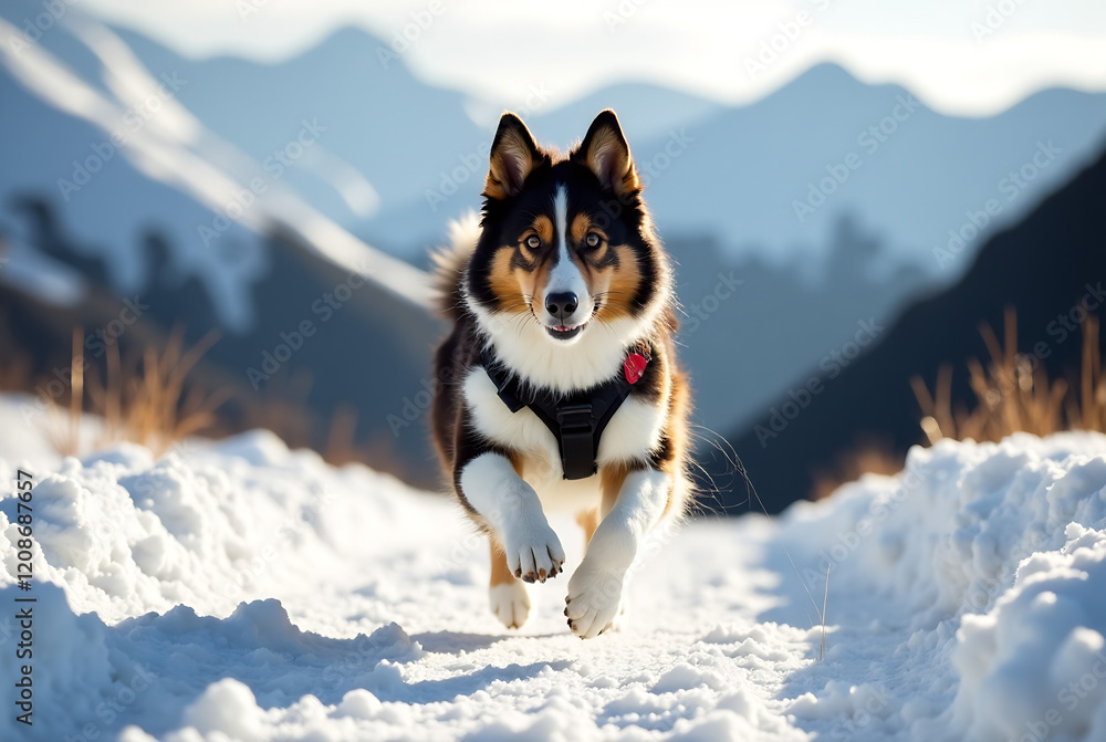 A young Shetland Sheepdog jumping playfully in deep snow on a high mountain peak. Focus on dynamic action, vibrant winter light, and a sense of exhilaration. Detailed fur texture, dramatic lighting, A young Shetland Sheepdog jumping playfully in deep snow on a high mountain peak. Focus on dynamic action, vibrant winter light, and a sense of exhilaration. Detailed fur texture, dramatic lighting,
