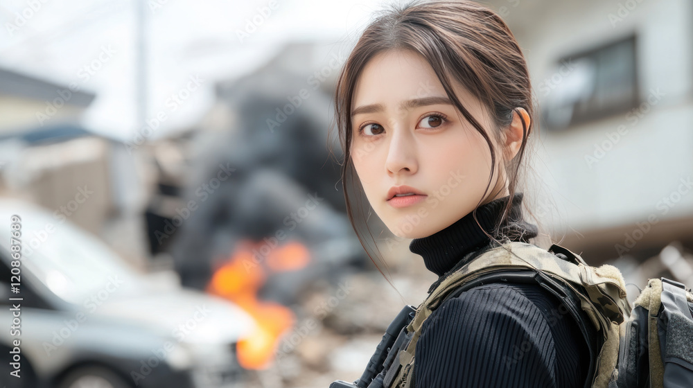 Japanese special force woman in tactical gear at ruins of buildings in conflict area Japanese special force woman in tactical gear at ruins of buildings in conflict area