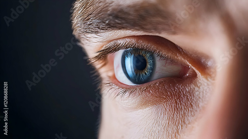 Close-up of a man's blue eye, looking intently, dark background; ideal for vision, perception, or mystery concepts photo