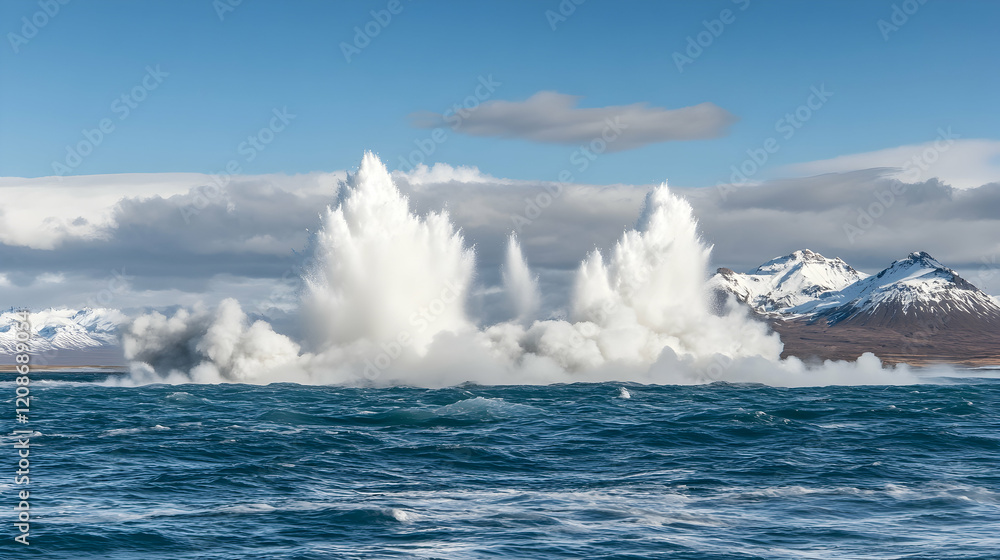 Fototapeta premium Coastal Explosion, Mountain Background, Dramatic Ocean Scene, Stock Photo