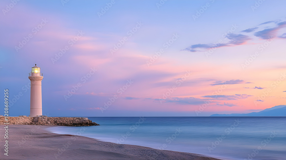 Fototapeta premium Coastal Lighthouse Sunset Seascape Serene twilight view of a solitary lighthouse on a sandy beach, calm sea, and pastel sky. Ideal for travel or tranquility themes
