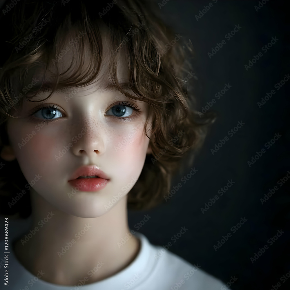 Portrait of a Child with Expressive Blue Eyes and Freckles on a Dark Background Portrait of a Child with Expressive Blue Eyes and Freckles on a Dark Background