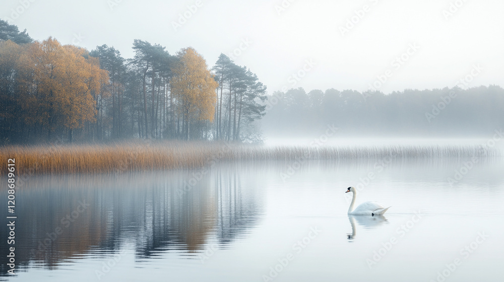 Fototapeta premium A serene landscape with a swan gliding on a calm lake minimalistic bright tones and modern blurred background empty space on the side evoking peace and tranquility with a sense of harmony and balance 