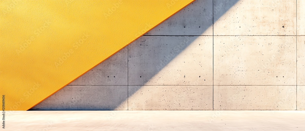 Fototapeta premium A vibrant yellow triangle contrasts against a textured concrete wall, creating a modern and minimalist aesthetic.