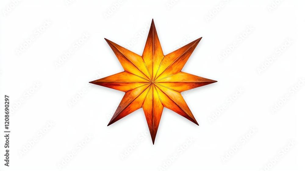 Fototapeta premium A vibrant, eight-pointed star illuminated in warm hues, symbolizing light and decoration, set against a clean, white background.