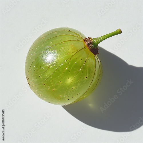 Small shiny gooseberry its translucent green skin detailed beautifully placed on a clean white backdrop photo