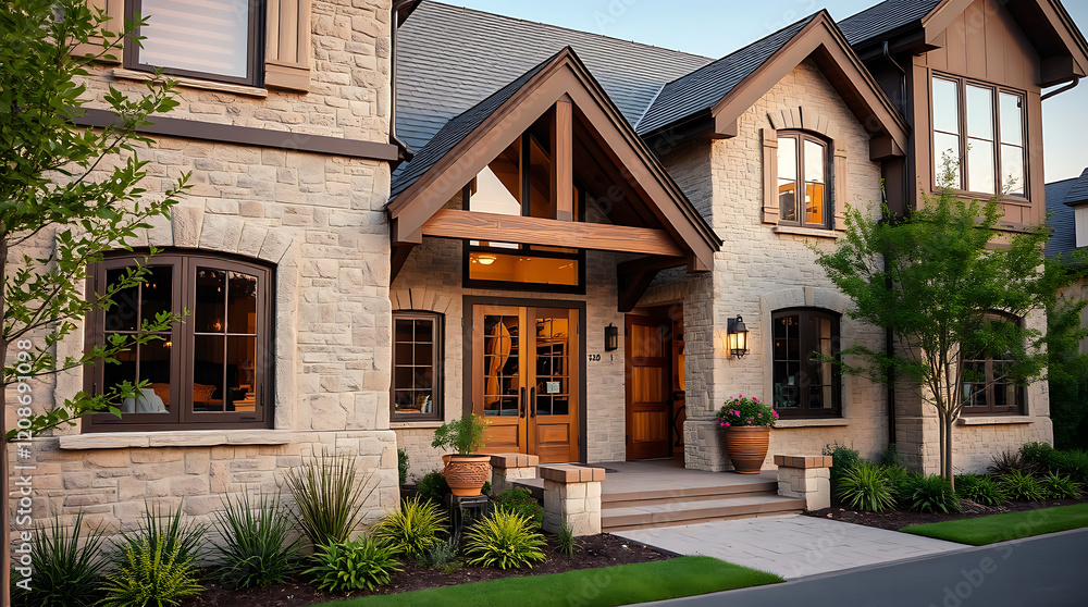 Luxury Stone House Exterior at Dusk: Modern Architecture, Landscaping, and Garden Design Luxury Stone House Exterior at Dusk: Modern Architecture, Landscaping, and Garden Design