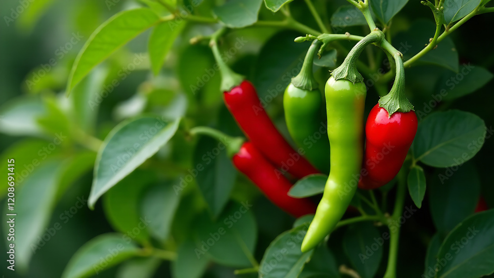 Red and green chili peppers nestled amongst vibrant Tuscan landscape foliage, sun-drenched, with a deep, rich, earthy mood, depth of field, warm lighting, atmospheric perspective, detailed textures, Red and green chili peppers nestled amongst vibrant Tuscan landscape foliage, sun-drenched, with a deep, rich, earthy mood, depth of field, warm lighting, atmospheric perspective, detailed textures,