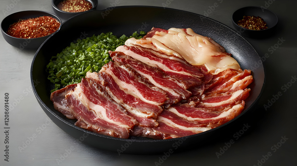 Sliced Smoked Meat with Greens and Spices Served in a Black Pan on Dark Background Sliced Smoked Meat with Greens and Spices Served in a Black Pan on Dark Background
