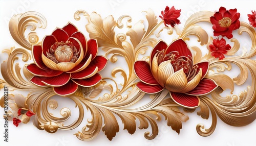 Elegant red and gold floral design.