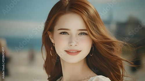 Portrait of a Redhead Woman with Flowing Hair in a Blurred Outdoor Setting