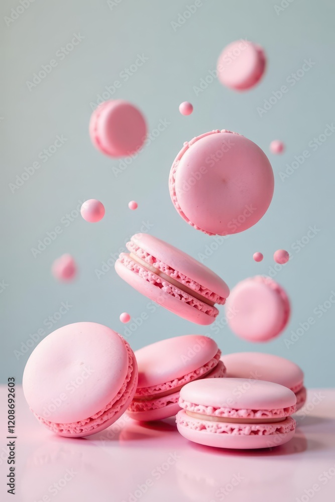 Fototapeta premium Soft pink macaroons suspended in air amidst white haze, whimsical, airy, sweet