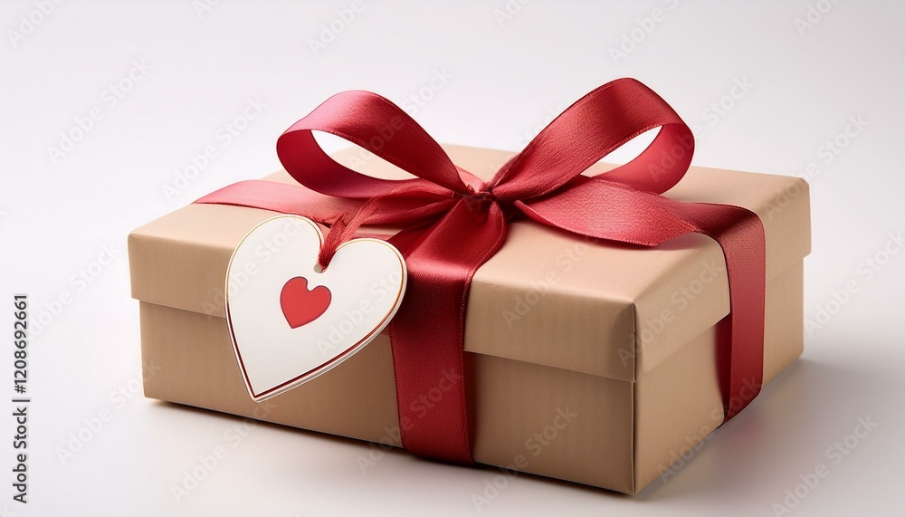 A beige gift box with a red ribbon and heart tag. A beige gift box with a red ribbon and heart tag.
