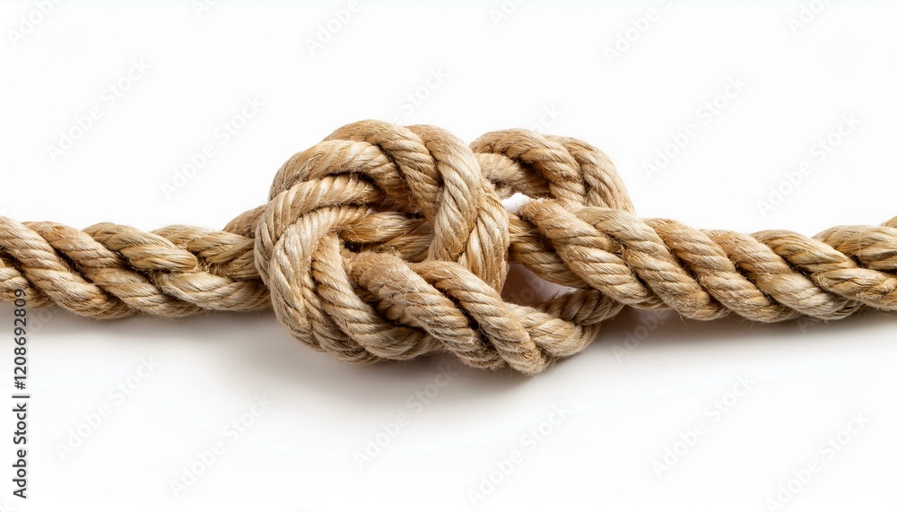 Close-up of a knotted hemp rope against a white background. Close-up of a knotted hemp rope against a white background.